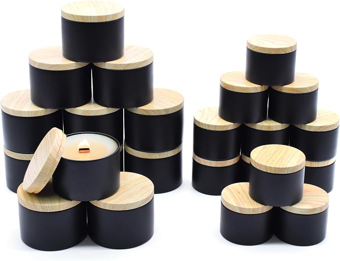 YJHSS 24 Black Candle Tins, 12 x 4 oz & 12 x 8 oz, Wood Grain Lids