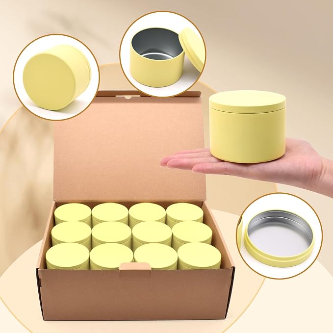 YJHSS 24 Pack 8 oz Yellow Candle Tins with Lids, Tinplate