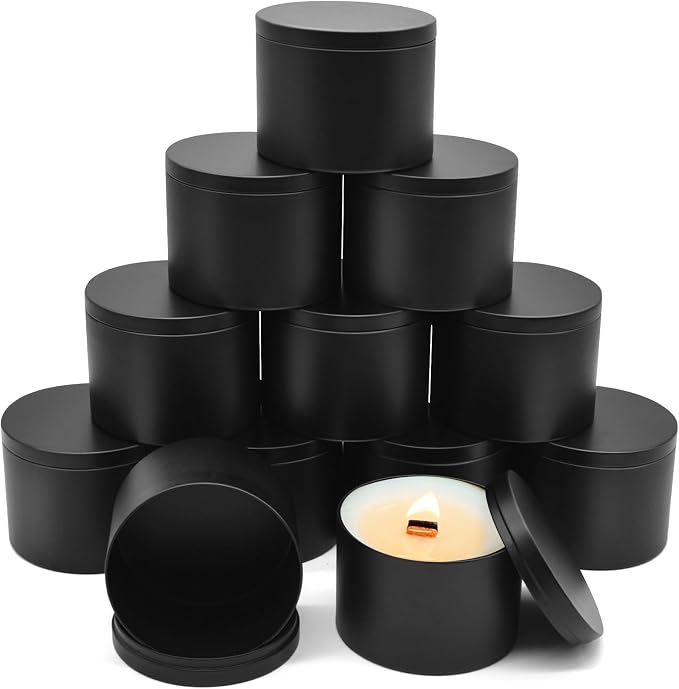 YJHSS 12 Pack 16 oz Black Candle Tins with Lids, 4.13 x 3.15 in
