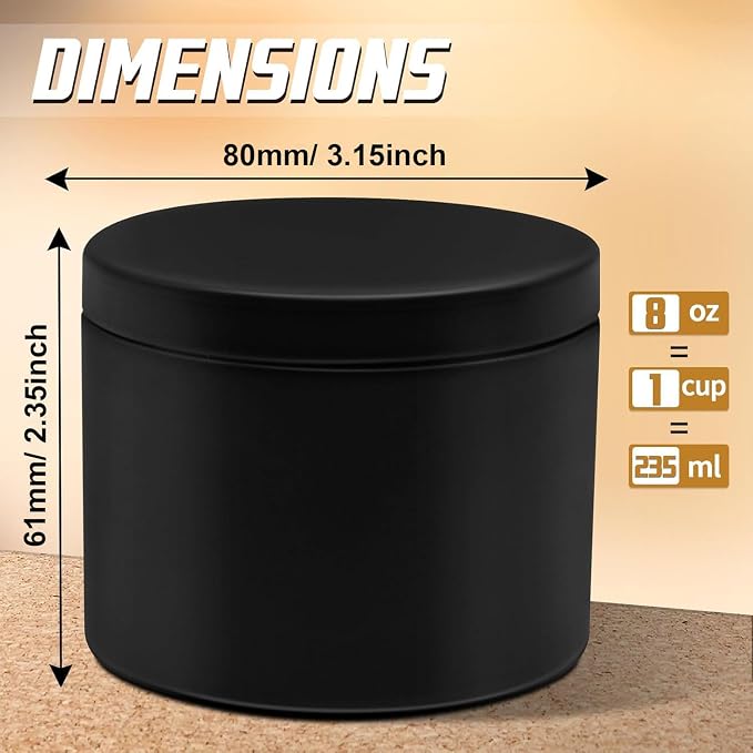 YJHSS 24 Pack 8 oz Black Candle Tins with Lids, 3.15 x 2.35 in