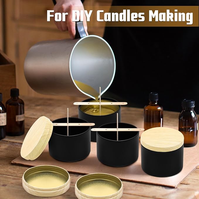 YJHSS 24 Pack 8 oz Black Candle Tins, Wood Grain Metal Lids