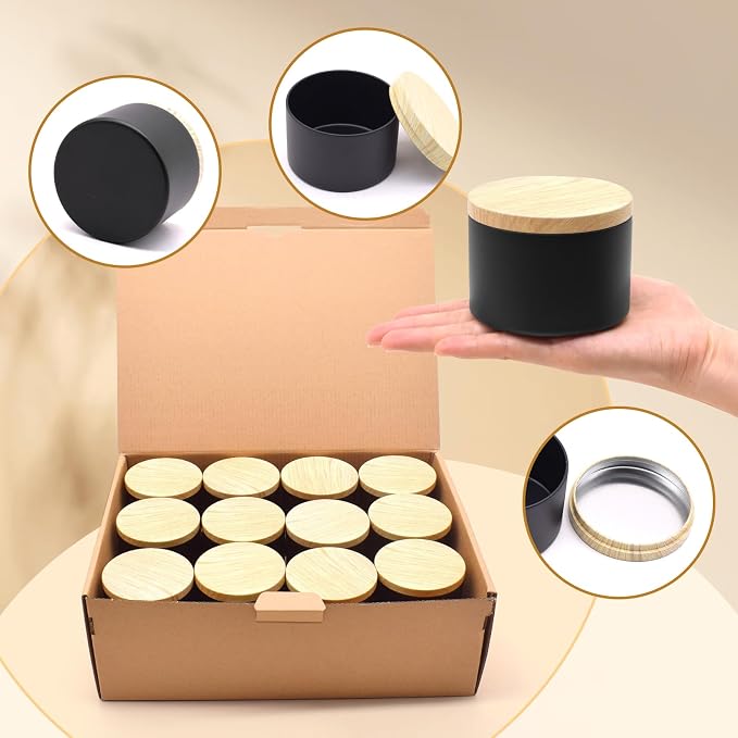 YJHSS 24 Pack 8 oz Black Candle Tins, Wood Grain Metal Lids