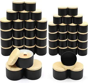 YJHSS 48 Black Candle Tins, 24 x 4 oz & 24 x 8 oz, Wood Grain Lids