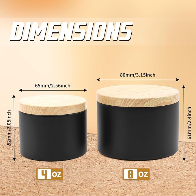 YJHSS 24 Black Candle Tins, 12 x 4 oz & 12 x 8 oz, Wood Grain Lids
