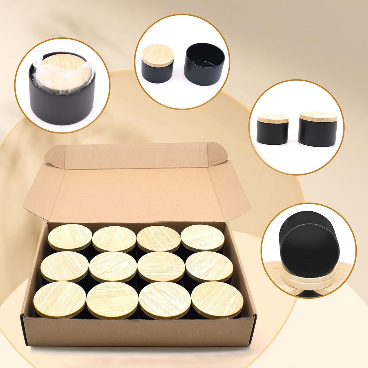 YJHSS 24 Black Candle Tins, 12 x 4 oz & 12 x 8 oz, Wood Grain Lids