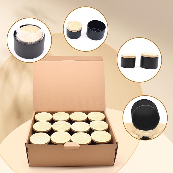 YJHSS 48 Black Candle Tins, 24 x 4 oz & 24 x 8 oz, Wood Grain Lids