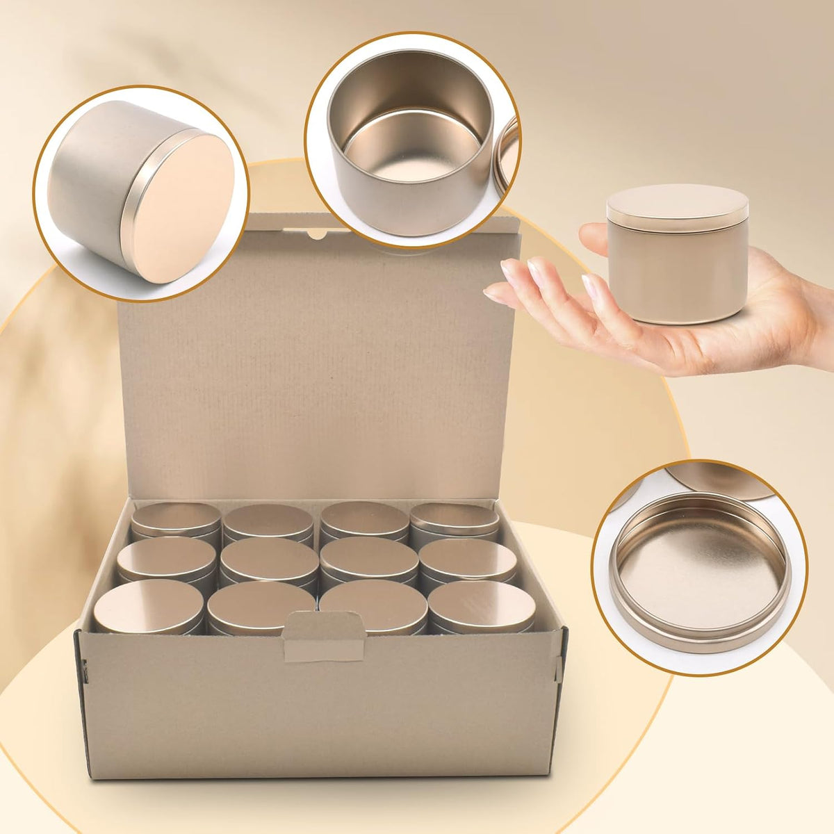 YJHSS 24 Pack 8 oz Champagne Gold Candle Tins with Lids, Tinplate
